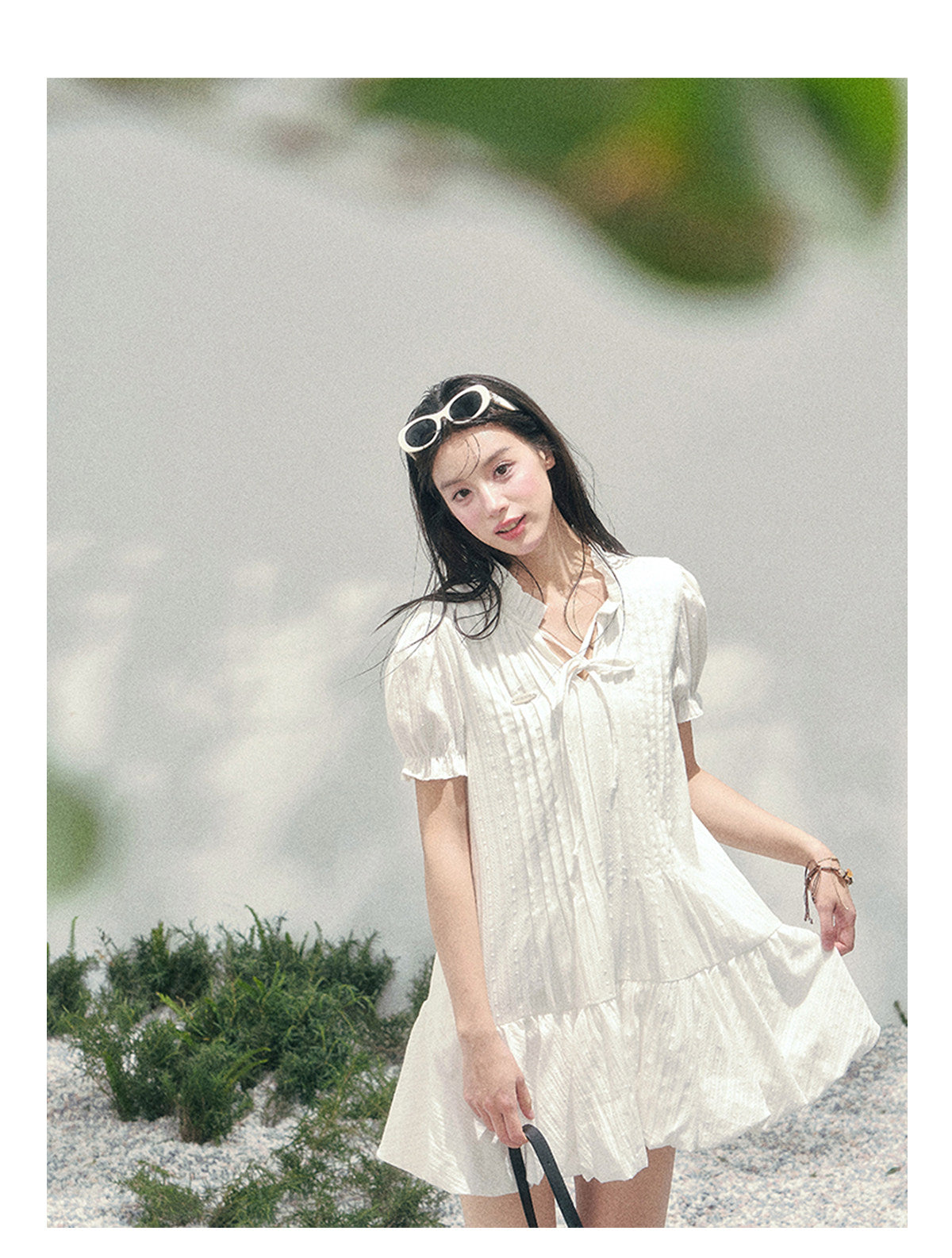 ShaoYeYan Aomalm Simple Skirt with Light Pleats French Bubble Sleeve Dress