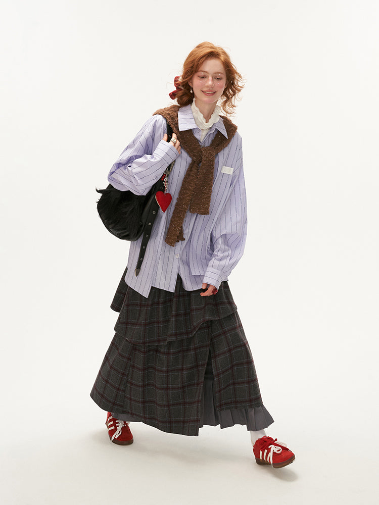 MAMC Vintage Plaid Layered Midi Skirt