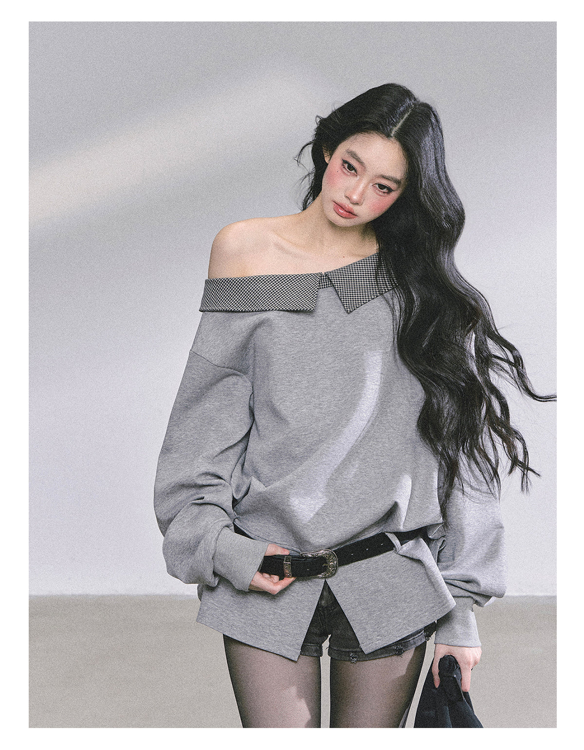 ShaoYeYan Intellectual Balmain Loose Off-Shoulder Plaid Sweatshirt