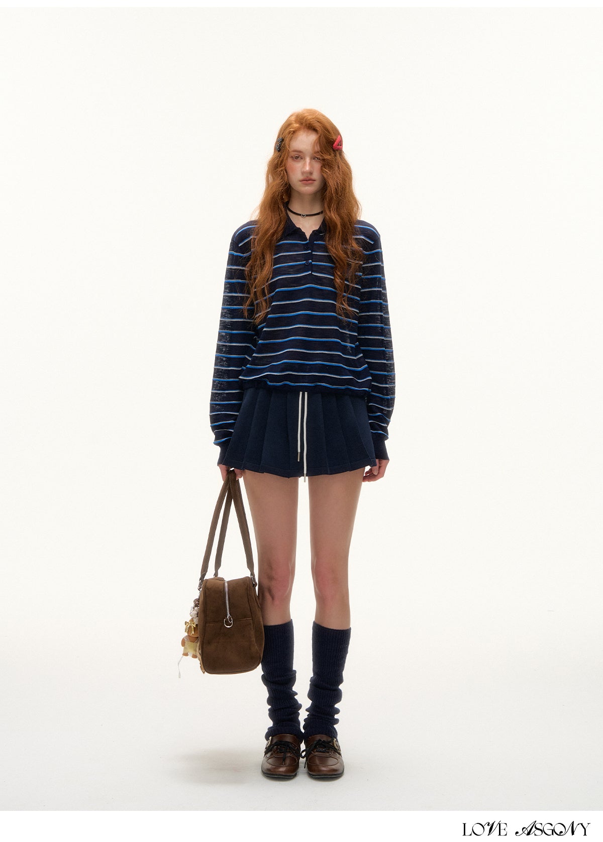 AsGony Striped Polo Collar Drawstring Hem Knit Top