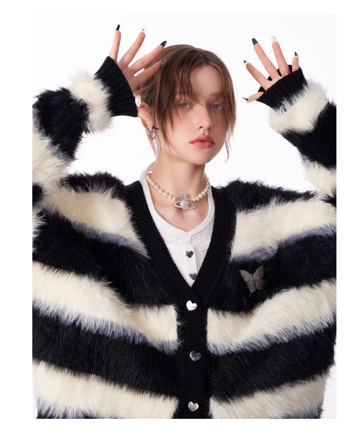 ziziFei Retro Punk Striped Faux Fur Cardigan