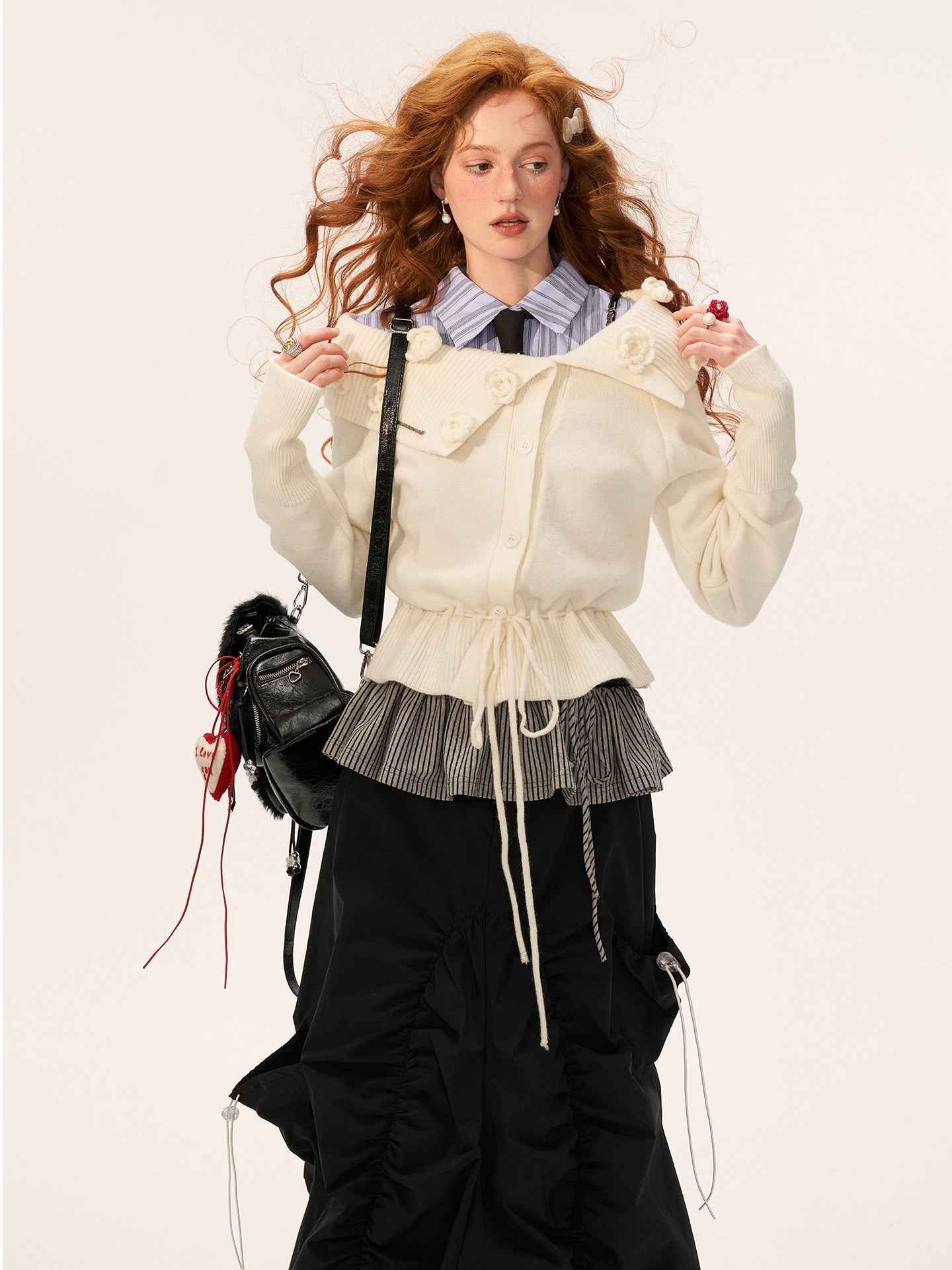 MAMC Off-Shoulder Rose Button Sweater