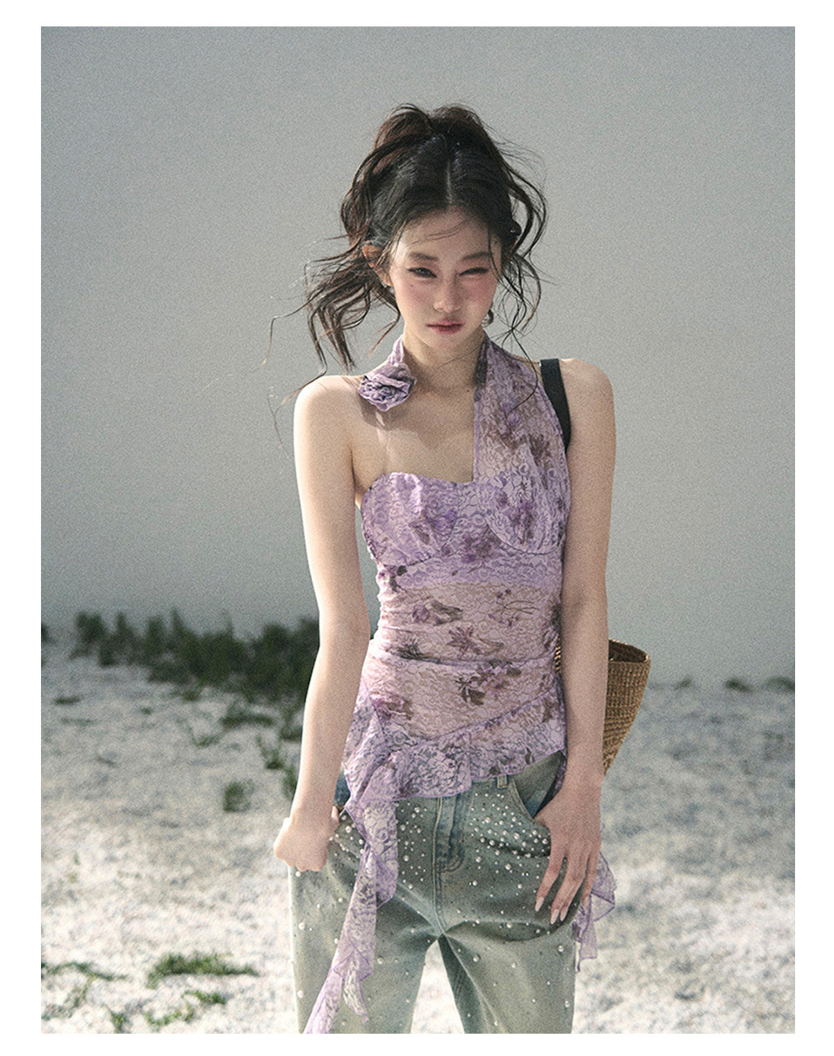 ShaoYeYan Aomalm Bauhinia Blooms Asymmetric Sheer Ribbon Top