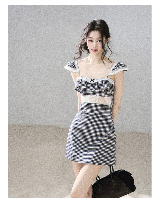 ShaoYeYan Aomalm She in Old Film Frames French Lace Plaid Dress