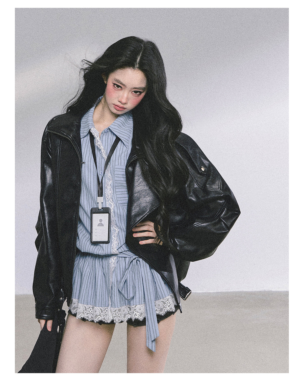 ShaoYeYan Mafia Princess Oversized Slim-Fit Black PU Leather Jacket