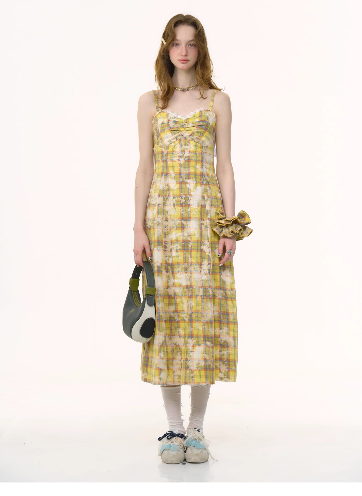 ziziFei Retro Yellow Plunge Neckline Dress