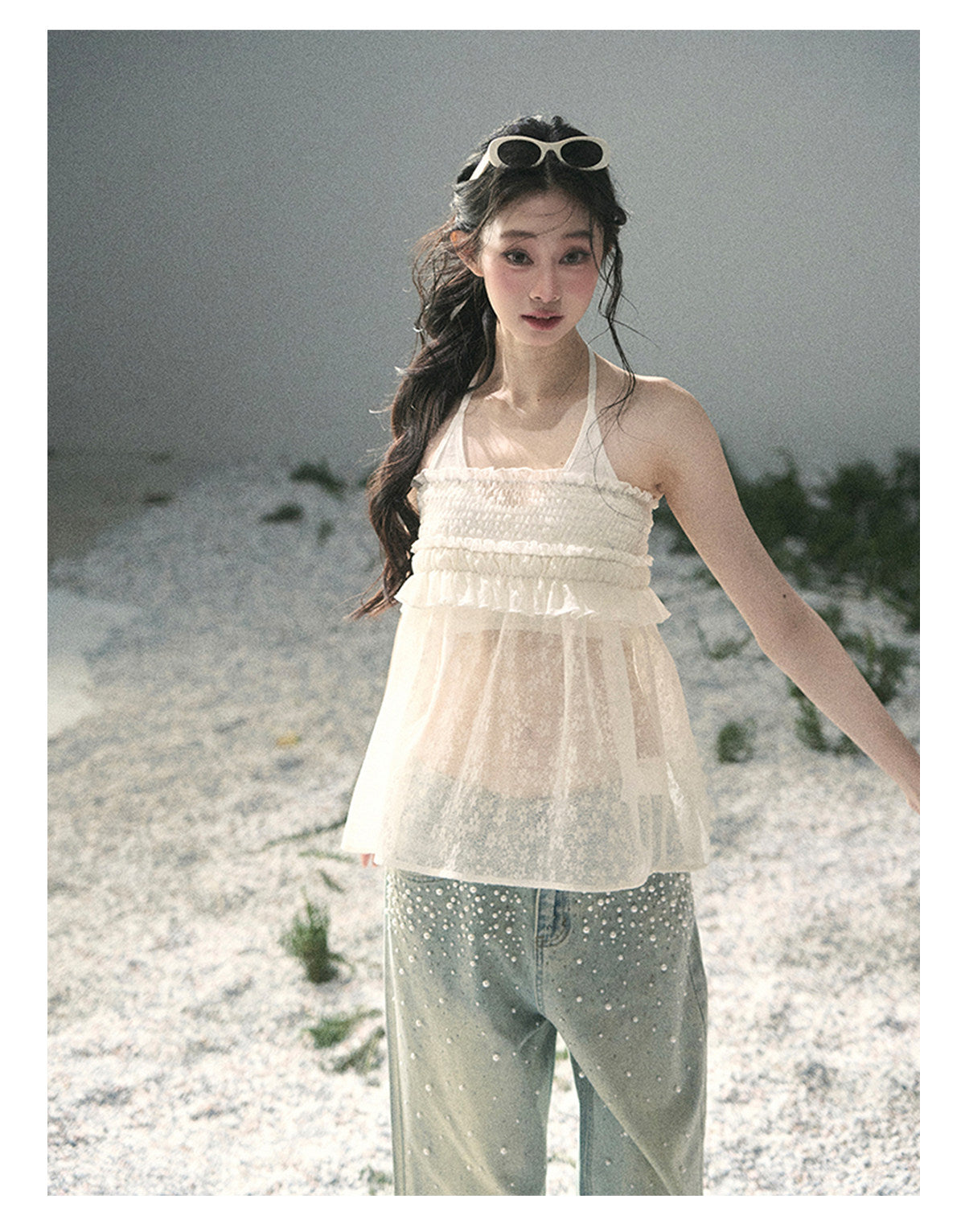 ShaoYeYan Aomalm Light Shatters Stained Glass French Sheer Halter Lace Top