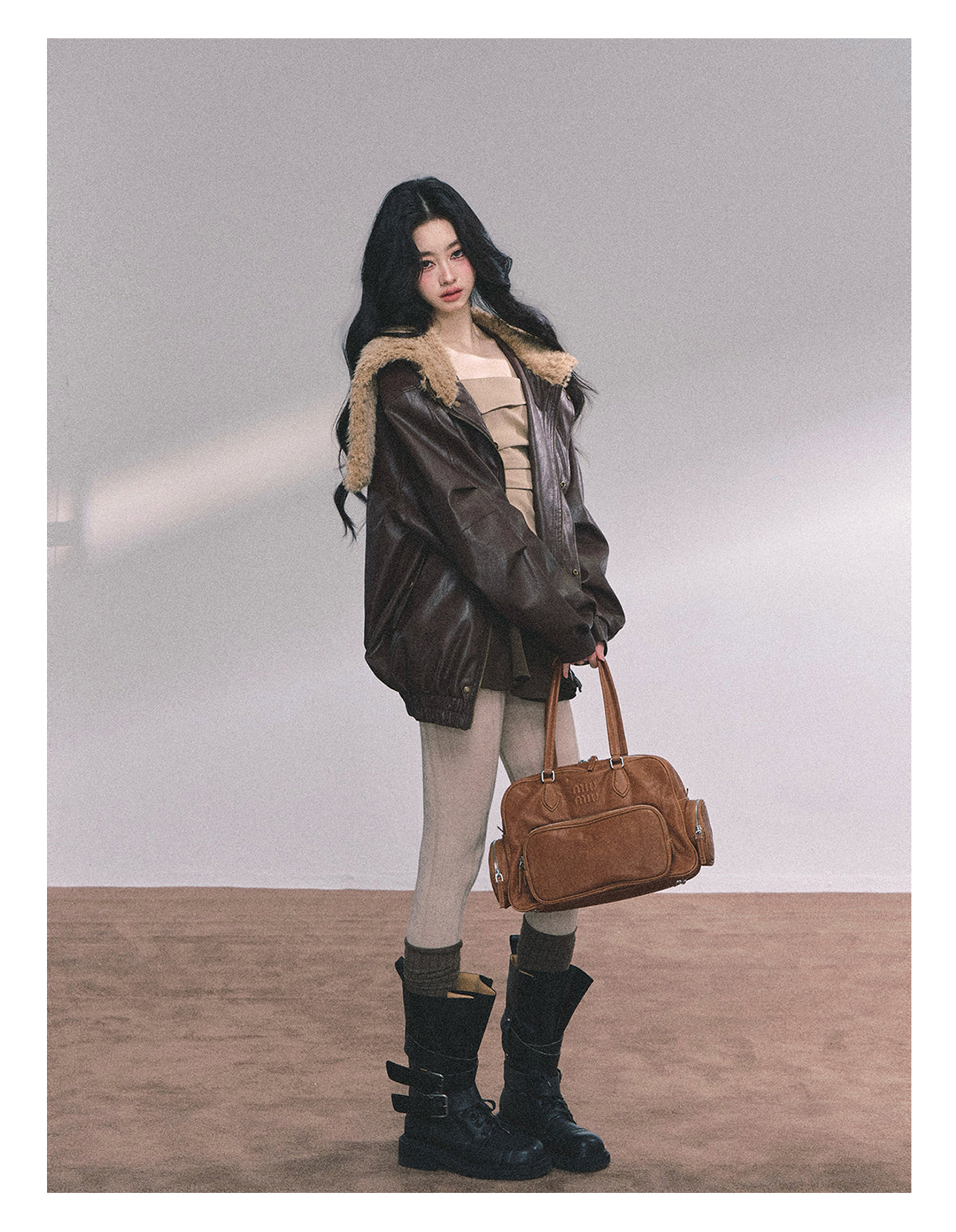 ShaoYeYan Loose Fit Lamb Fur Leather Jacket