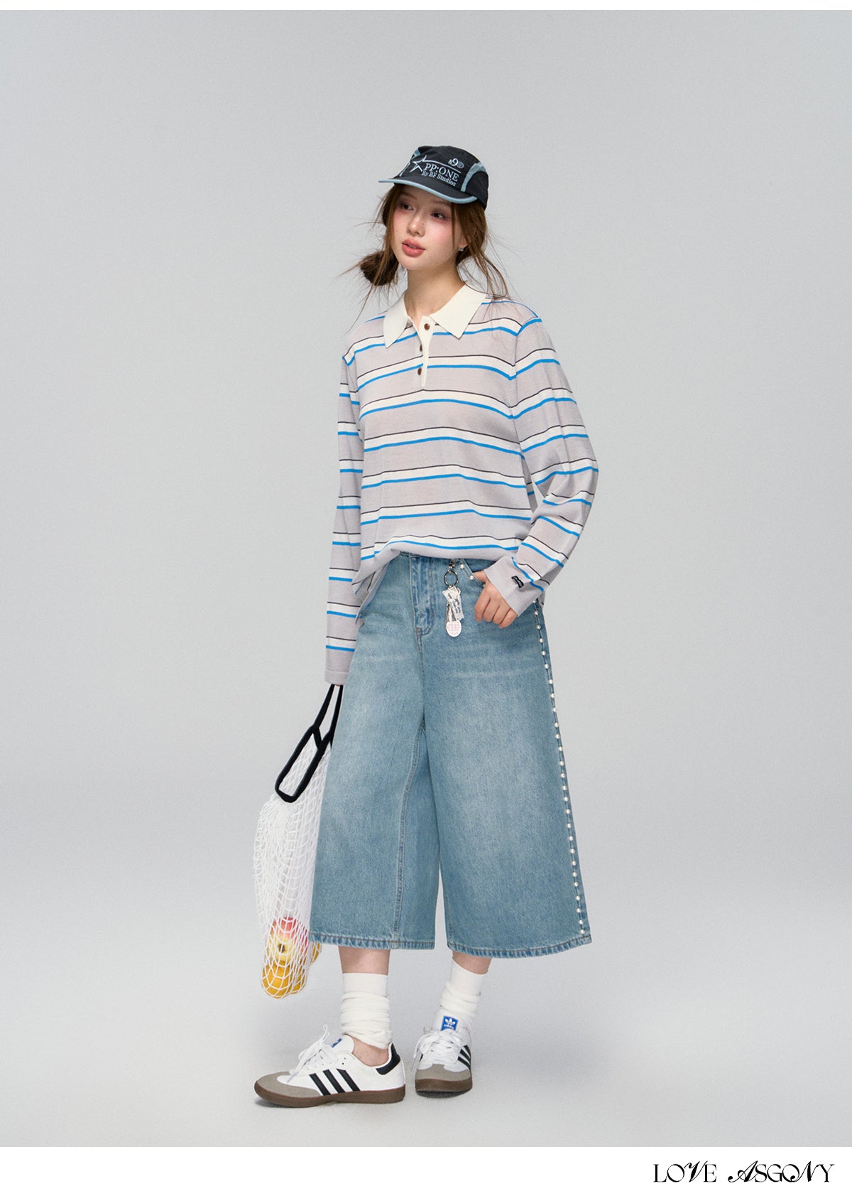 AsGony Side-Seam Beaded Wide-Leg Cropped Jeans
