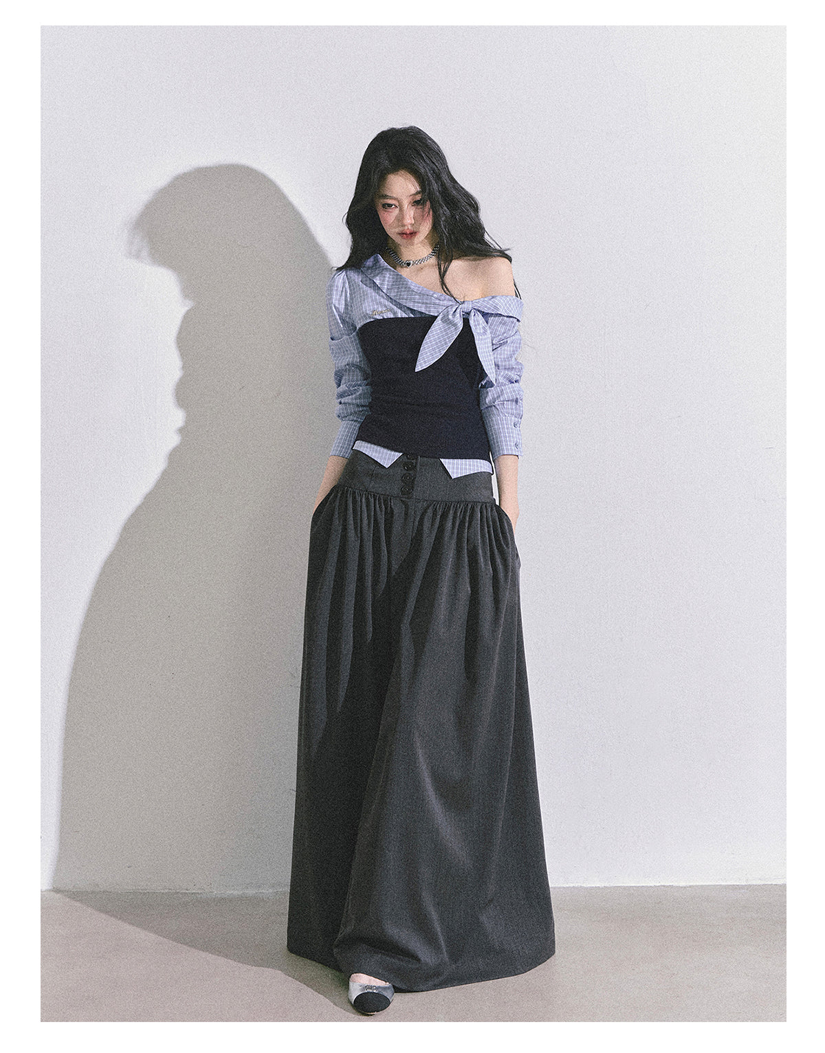 ShaoYeYan Fake Two-Piece Off-Shoulder Plaid T-Shirt