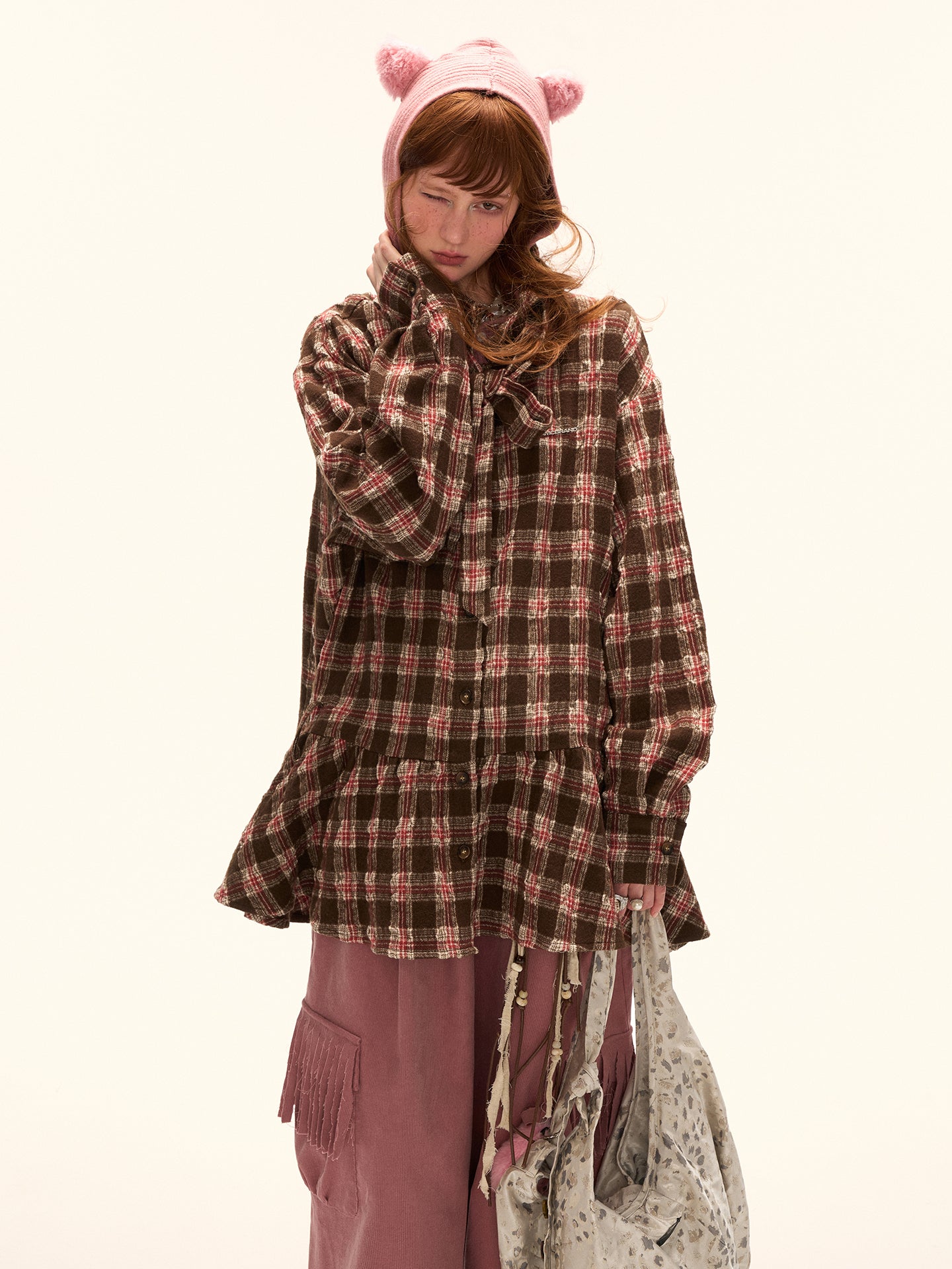 MAMC Bow Plaid Shirt Dress