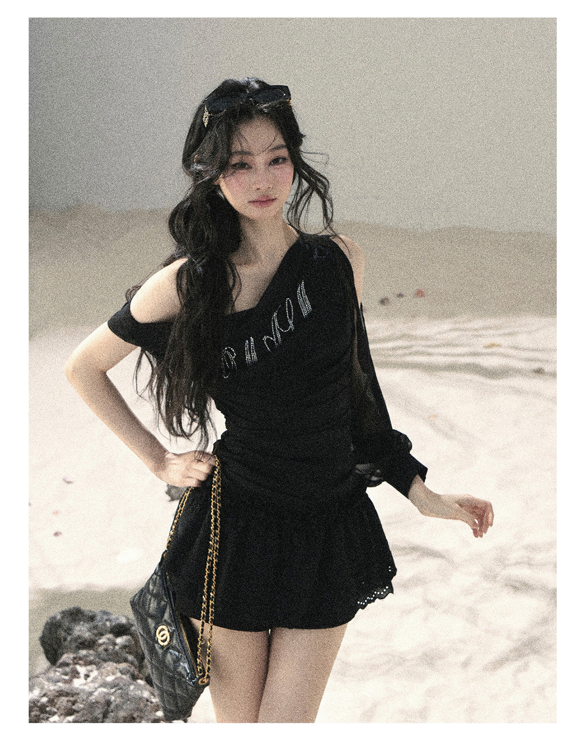 ShaoYeYan Aomalm Fragmented Starlight Korean Off-Shoulder Mesh Top