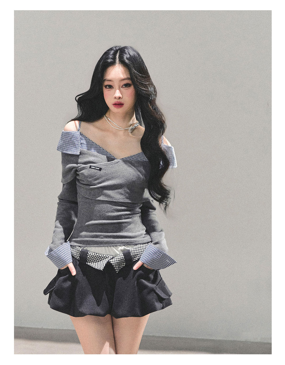 ShaoYeYan Dream Interweave Off-Shoulder Plaid T-Shirt