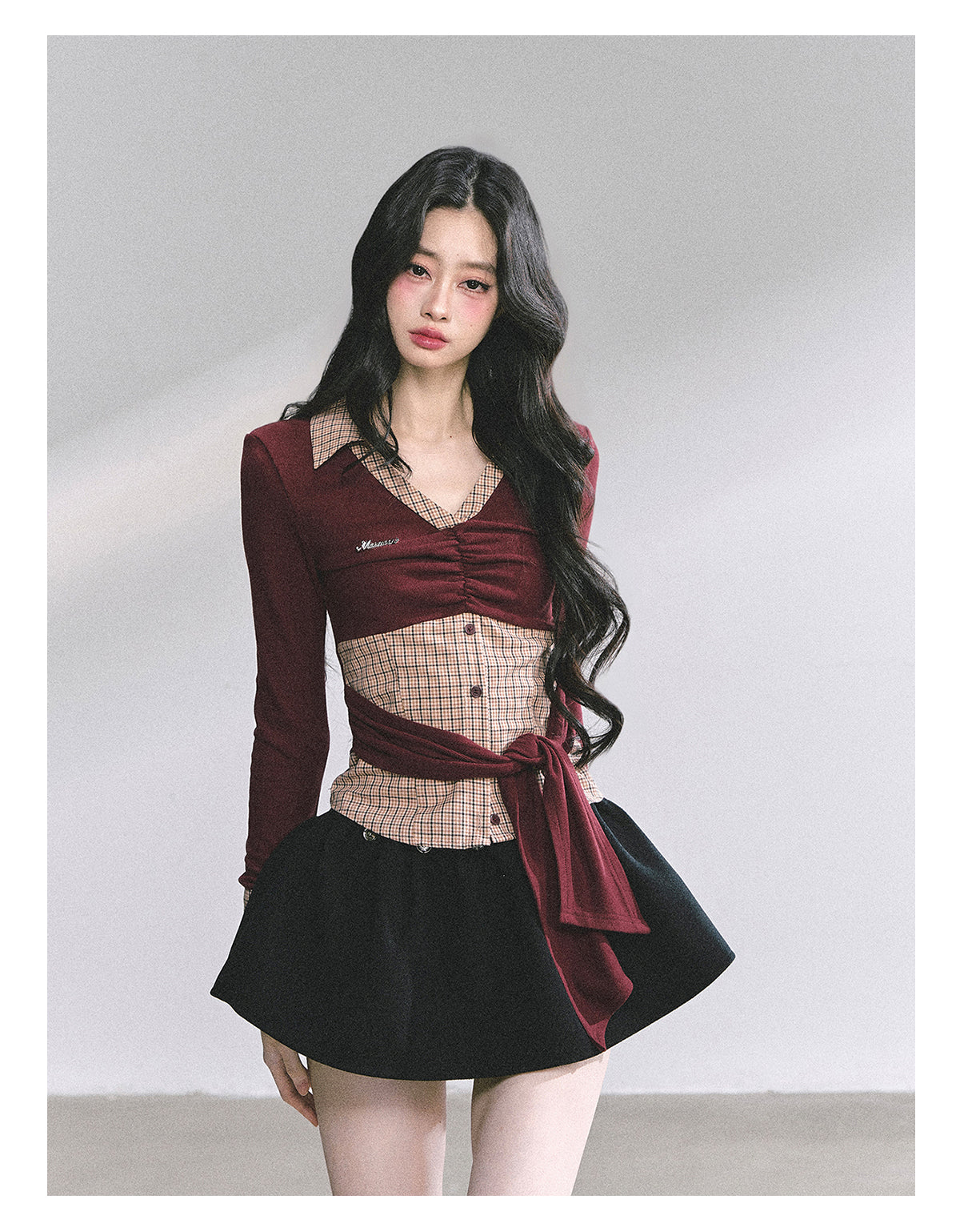 SHAOYEYAN Mock Two-Layer American Style Plaid Tee