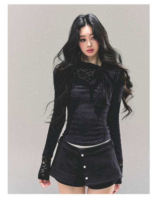 ShaoYeYan Black & White Long Sleeve Lace T-Shirt