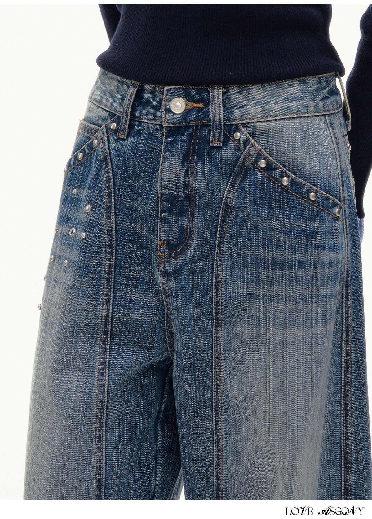 AsGony American Retro Rivet Washed Flared Jeans
