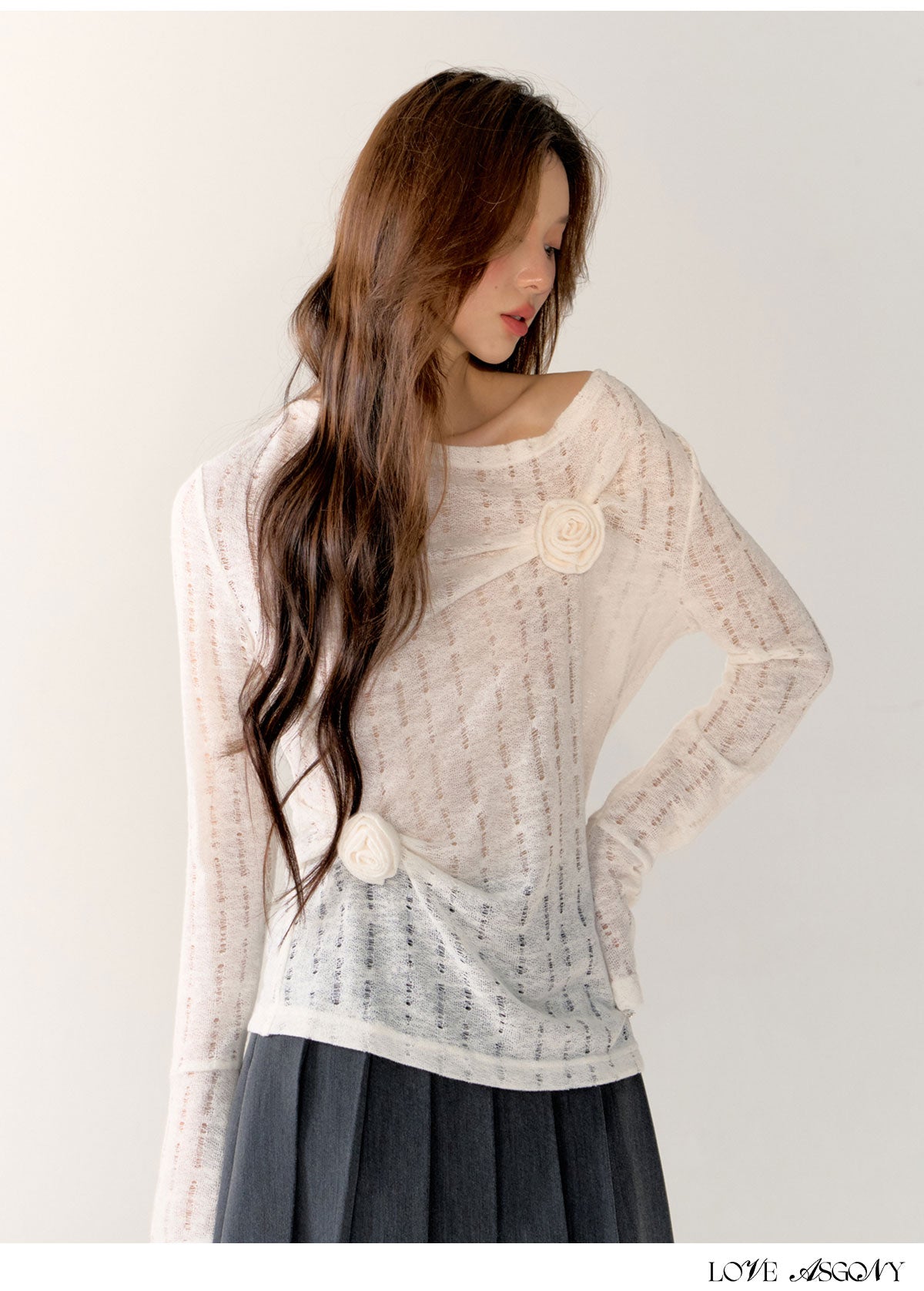 AsGony Hollow-Knit 3D Floral Sweater