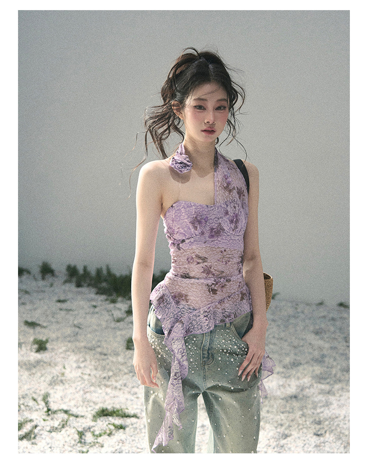 ShaoYeYan Aomalm Bauhinia Blooms Asymmetric Sheer Ribbon Top