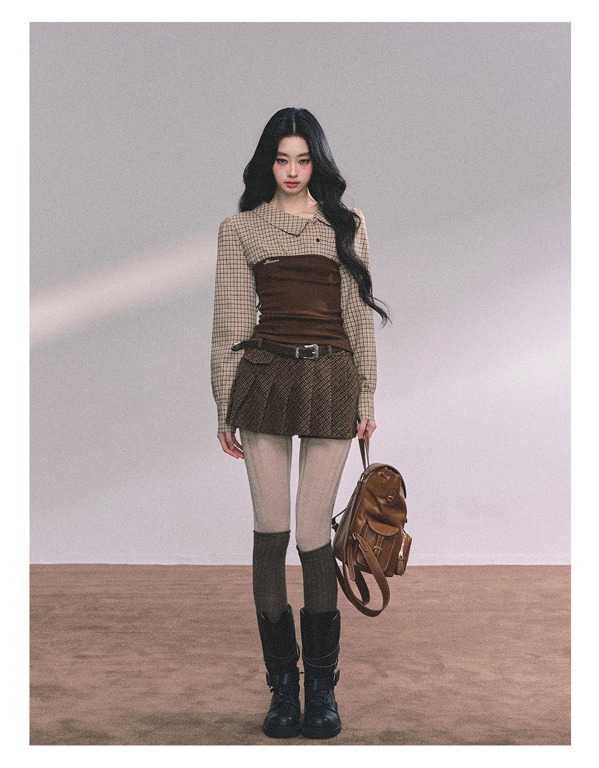 ShaoYeYan U.S. Study Abroad Outfit Fake Two-Layer Plaid Knit T-Shirt