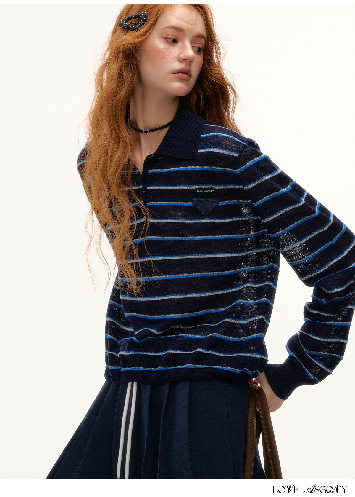 AsGony Striped Polo Collar Drawstring Hem Knit Top
