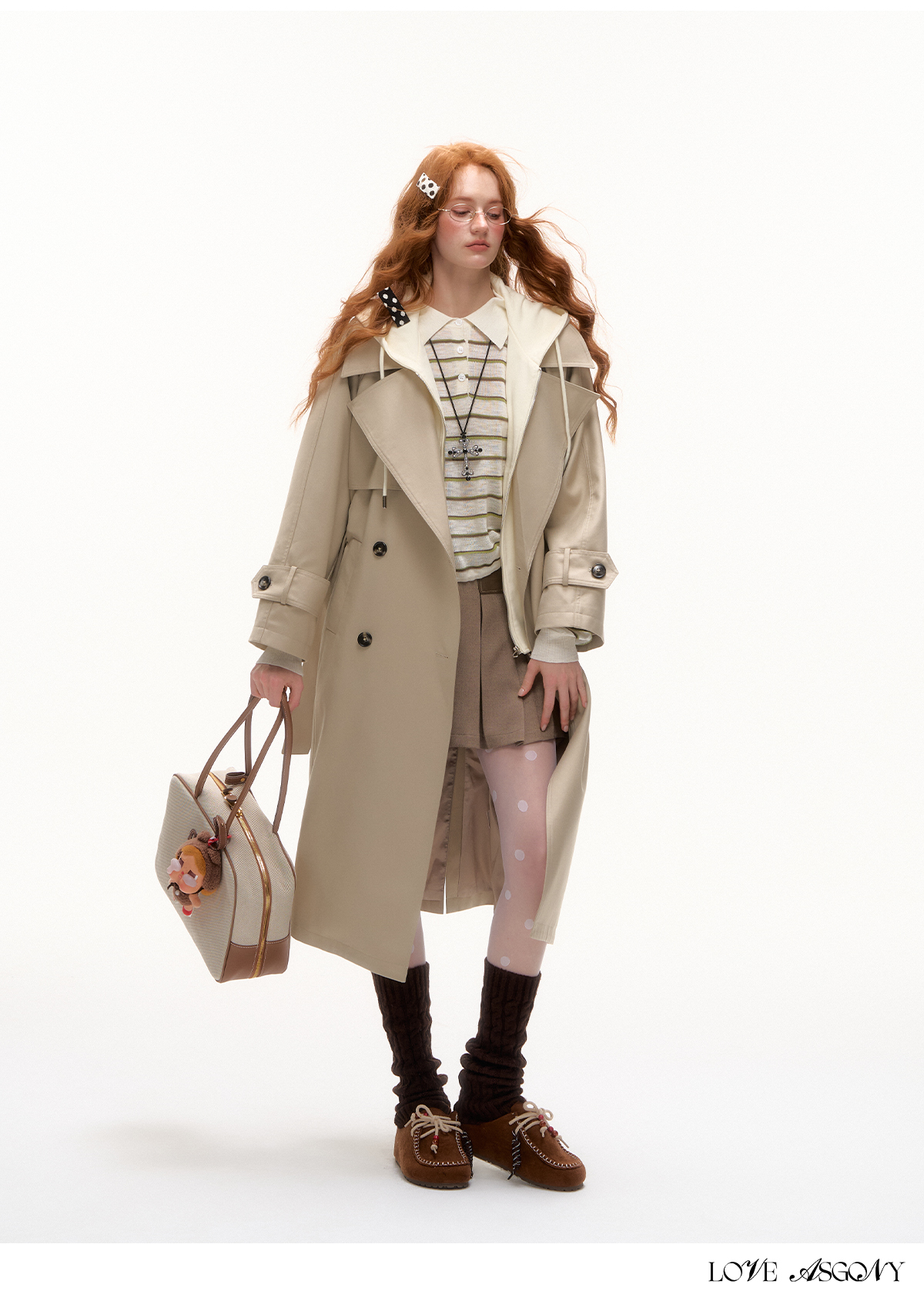 AsGony British Style Fake Two-Tone Long Trench Coat
