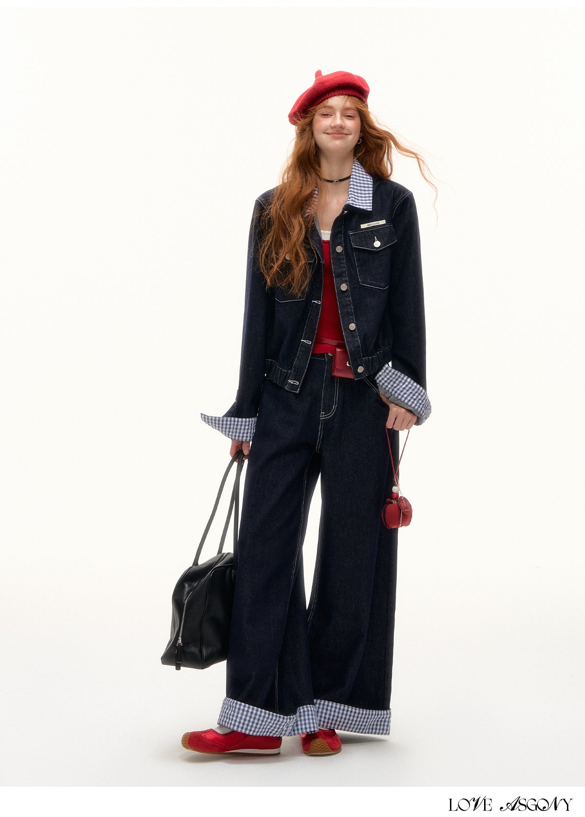 AsGony American Retro Hong Kong Style Plaid Denim Set