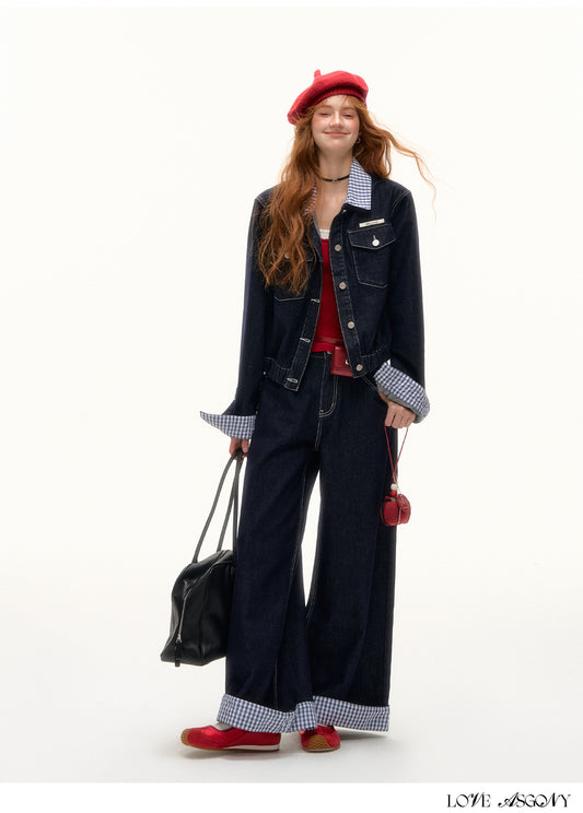 AsGony American Retro Hong Kong Style Plaid Denim Set