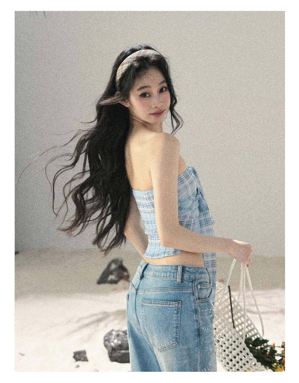 ShaoYeYan Aomalm Blue Danube Bow Plaid Bustier Top