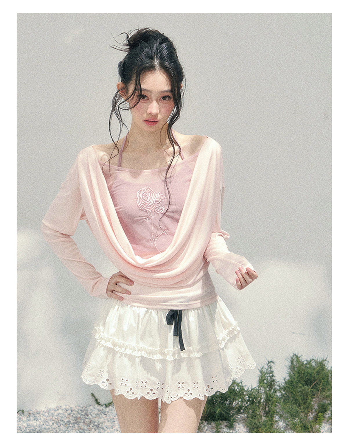 ShaoYeYan Aomalm Summer Inflorescence Fake Two-Layer Rose Embroidered Blouse