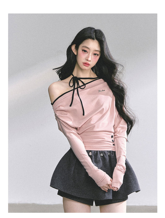 SHAOYEYAN Asymmetric Off-Shoulder Long Sleeve Tee