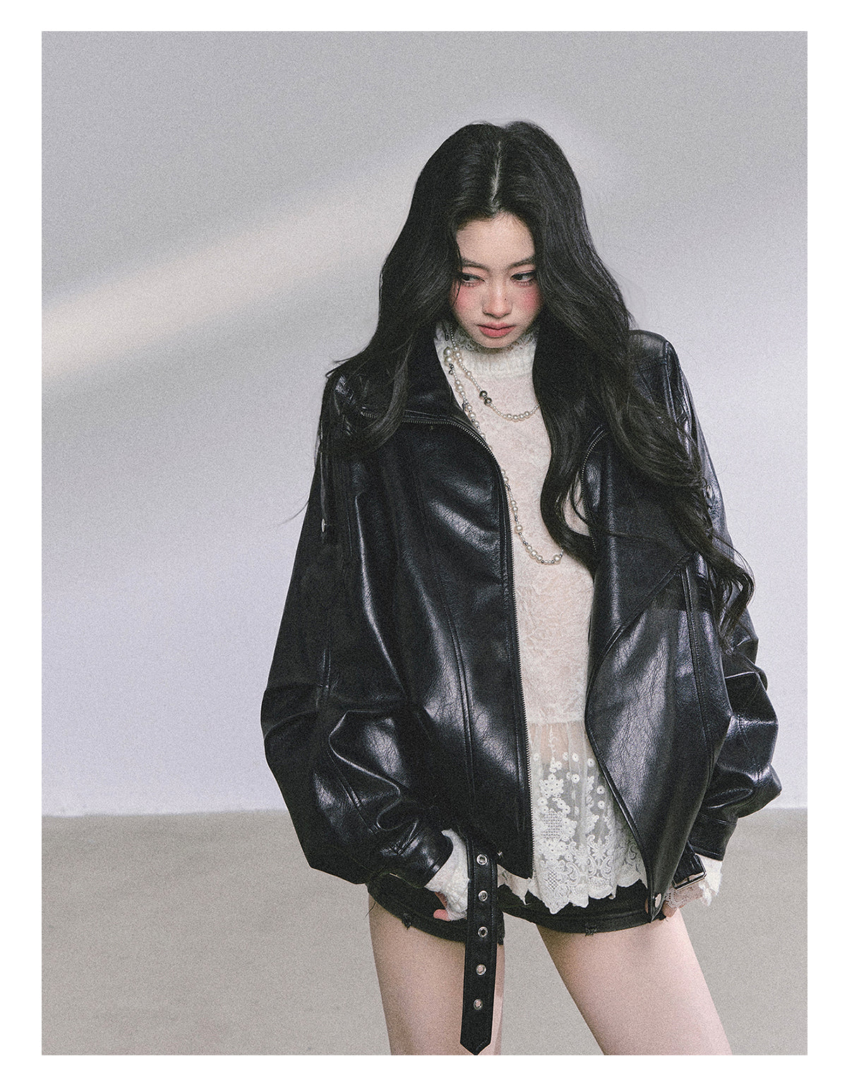 ShaoYeYan Mafia Princess Oversized Slim-Fit Black PU Leather Jacket