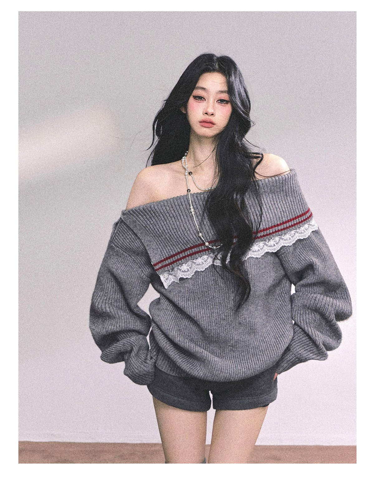 ShaoYeYan British Wit American Academia Lace Off-Shoulder Sweater