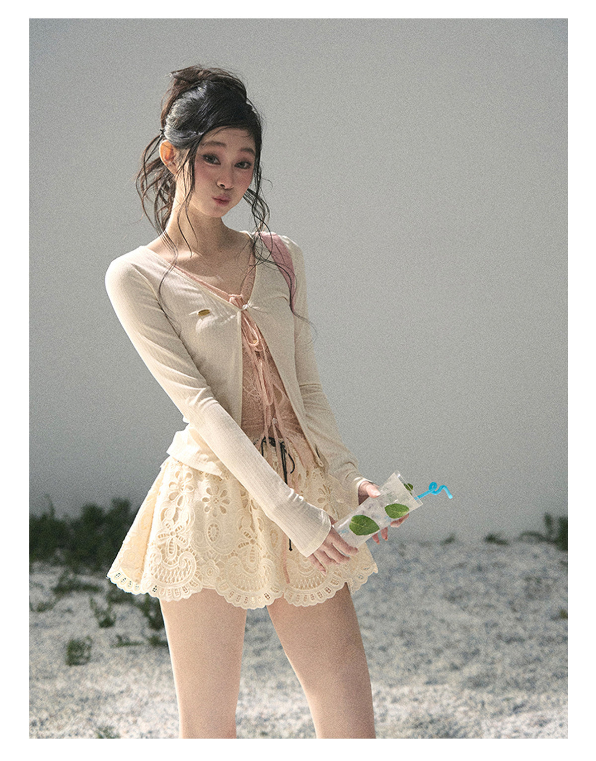 ShaoYeYan Aomalm Dreams Born in Cracks Fake Two-Layer Korean Lace Top