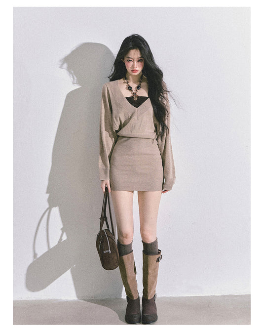 ShaoYeYan Golden Sweetie French Long Sleeve Knit Dress (included innerwear)