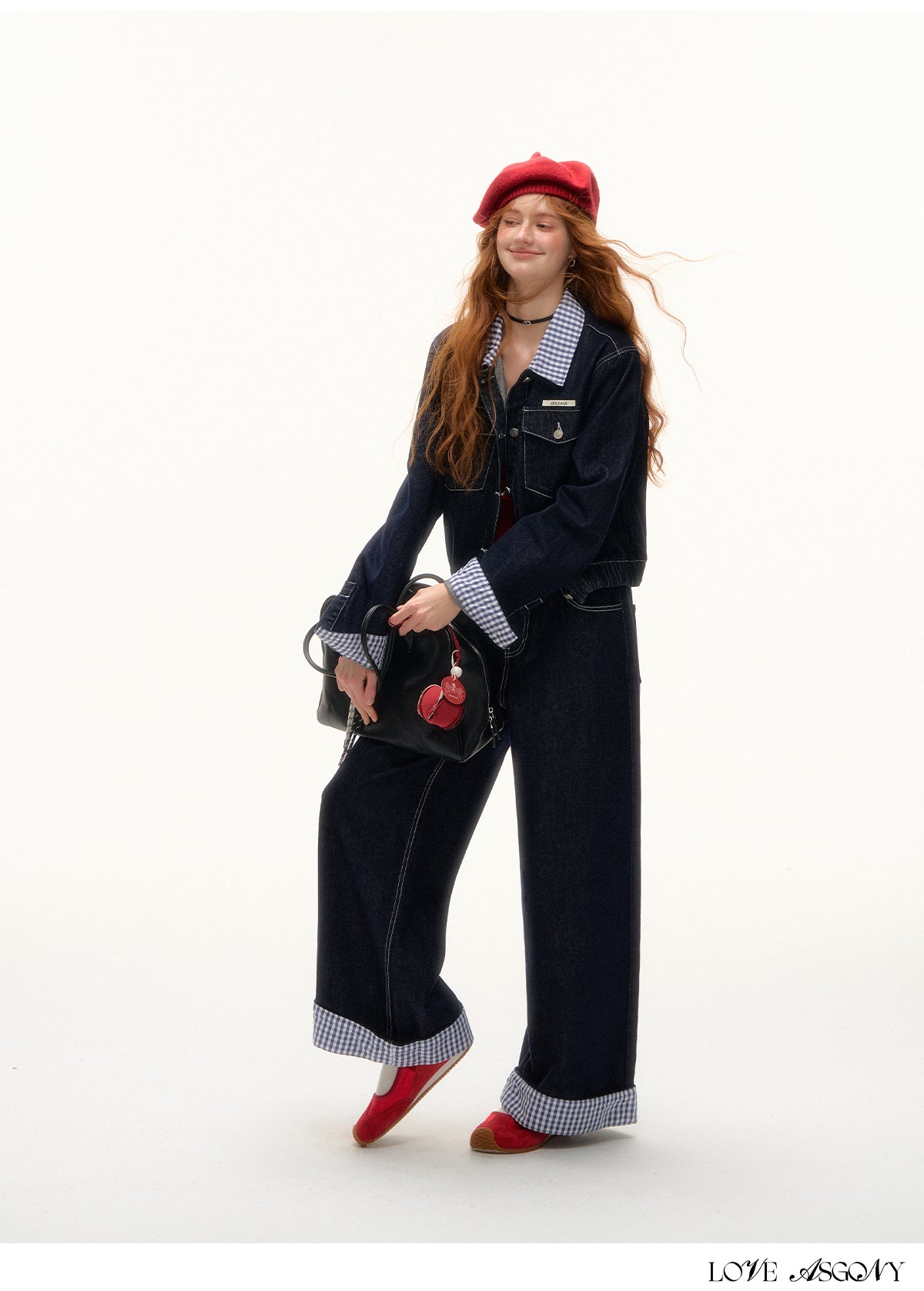 AsGony American Retro Hong Kong Style Plaid Denim Set