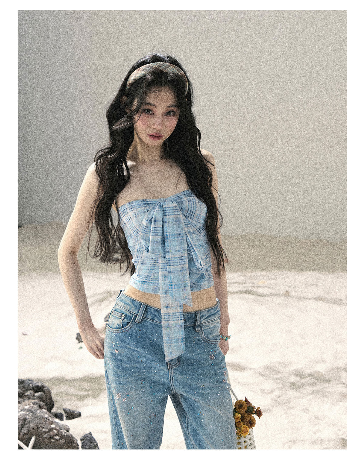 ShaoYeYan Aomalm Blue Danube Bow Plaid Bustier Top