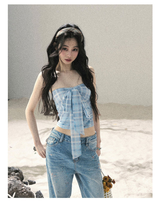 ShaoYeYan Aomalm Blue Danube Bow Plaid Bustier Top