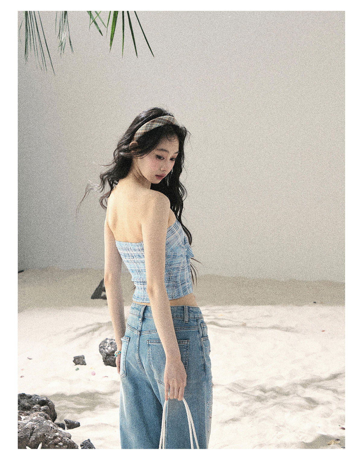 ShaoYeYan Aomalm Blue Danube Bow Plaid Bustier Top