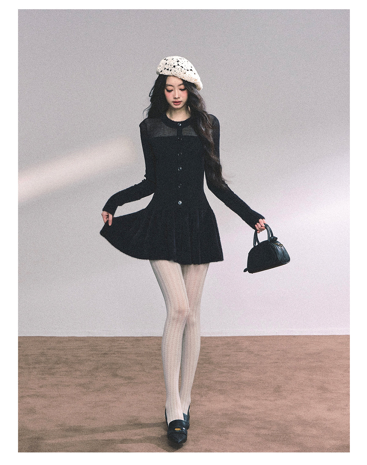ShaoYeYan Wild Rena French Long Sleeve Black Knit Dress