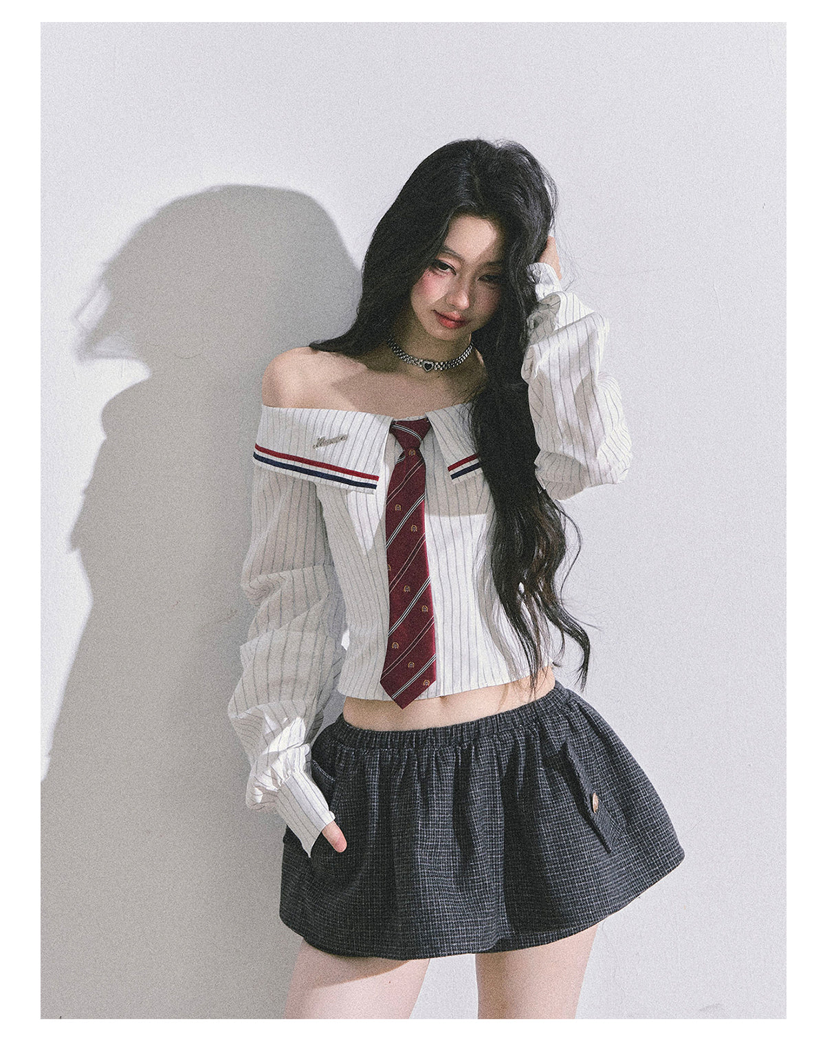 ShaoYeYan Seoul Art Student Off-Shoulder Striped Shirt