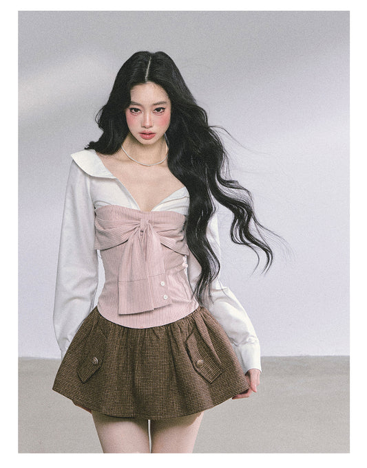 ShaoYeYan Jenny's Sweet Scent Fake Two-Layer Long Sleeve Striped T-Shirt