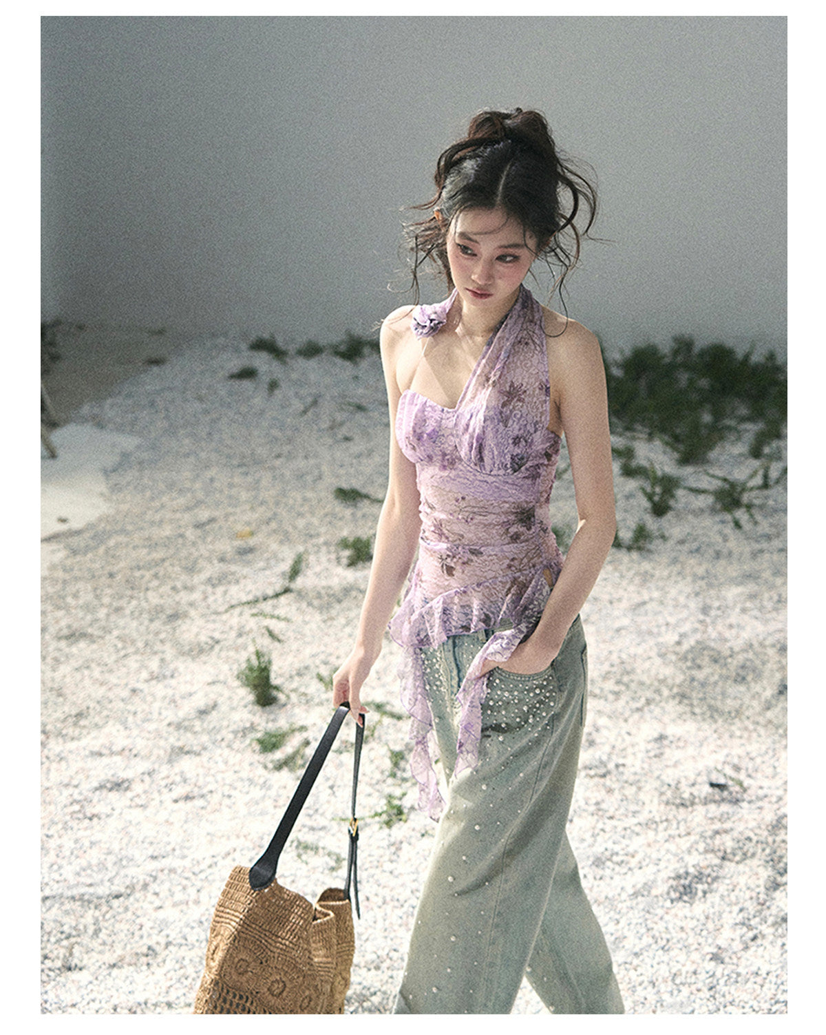 ShaoYeYan Aomalm Bauhinia Blooms Asymmetric Sheer Ribbon Top
