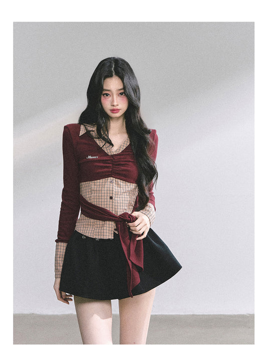 SHAOYEYAN Mock Two-Layer American Style Plaid Tee