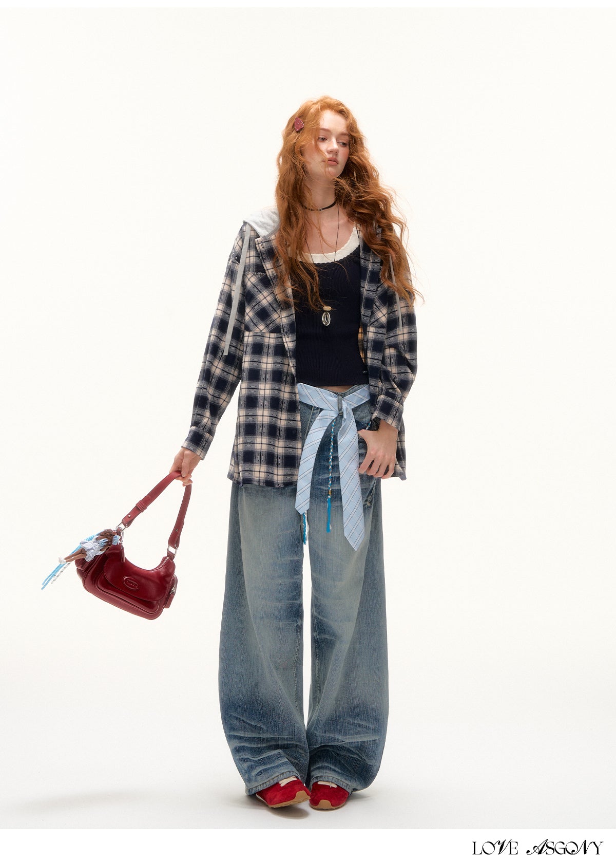 AsGony Retro Plaid Colorblock Hooded Shirt