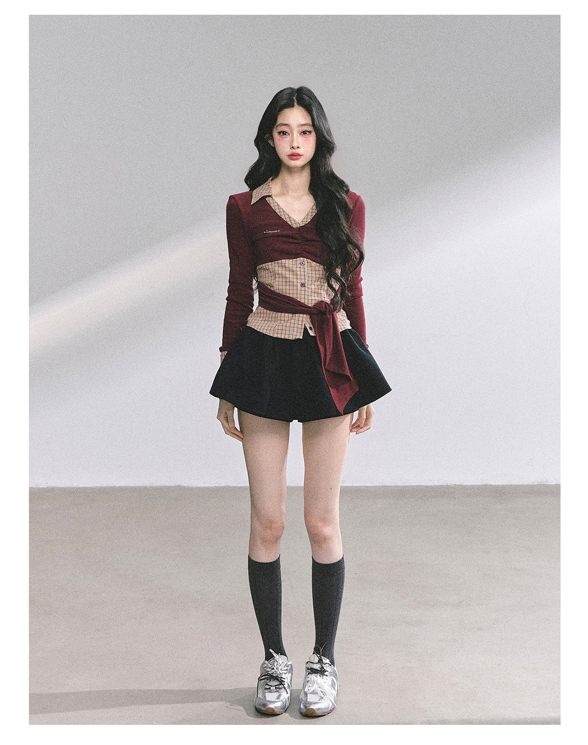 SHAOYEYAN Mock Two-Layer American Style Plaid Tee
