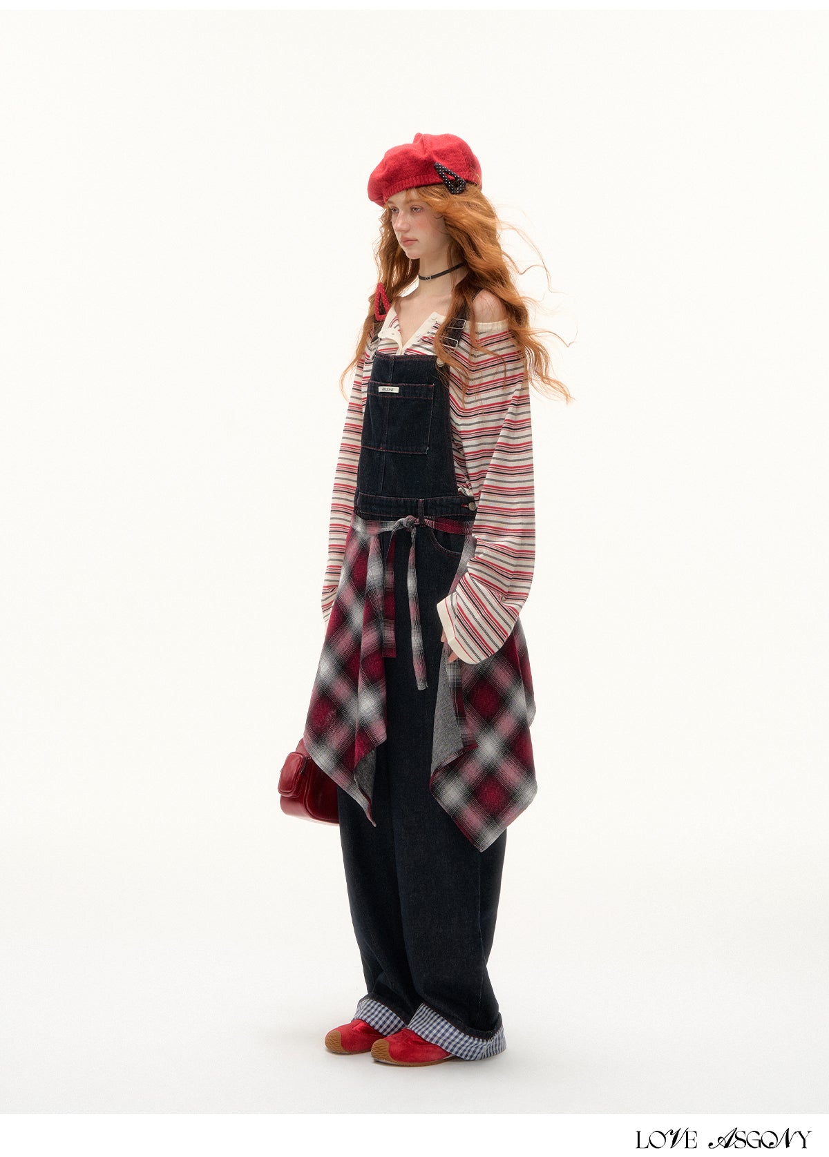 AsGony Red Stitch Raw Denim Wide-Leg Jumpsuit