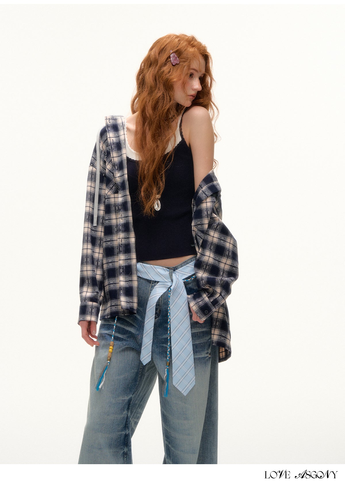 AsGony Retro Plaid Colorblock Hooded Shirt