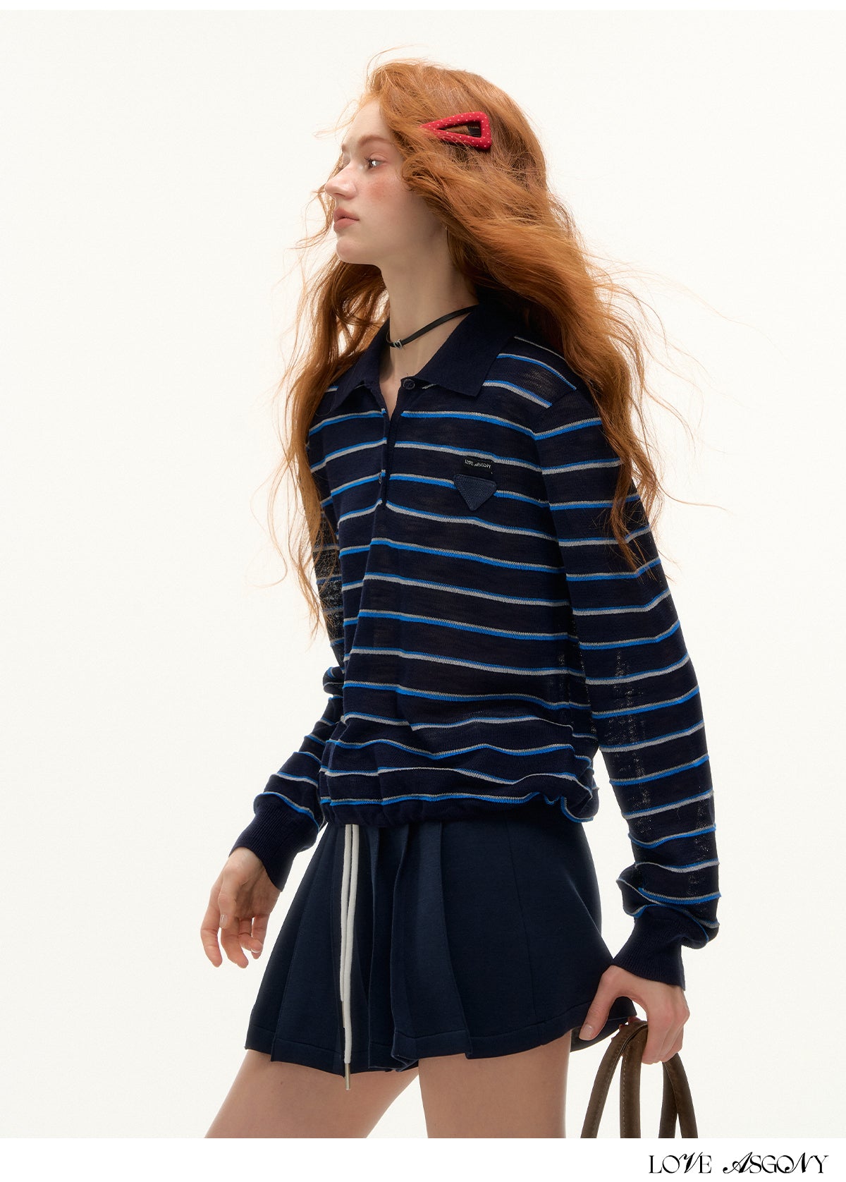 AsGony Striped Polo Collar Drawstring Hem Knit Top