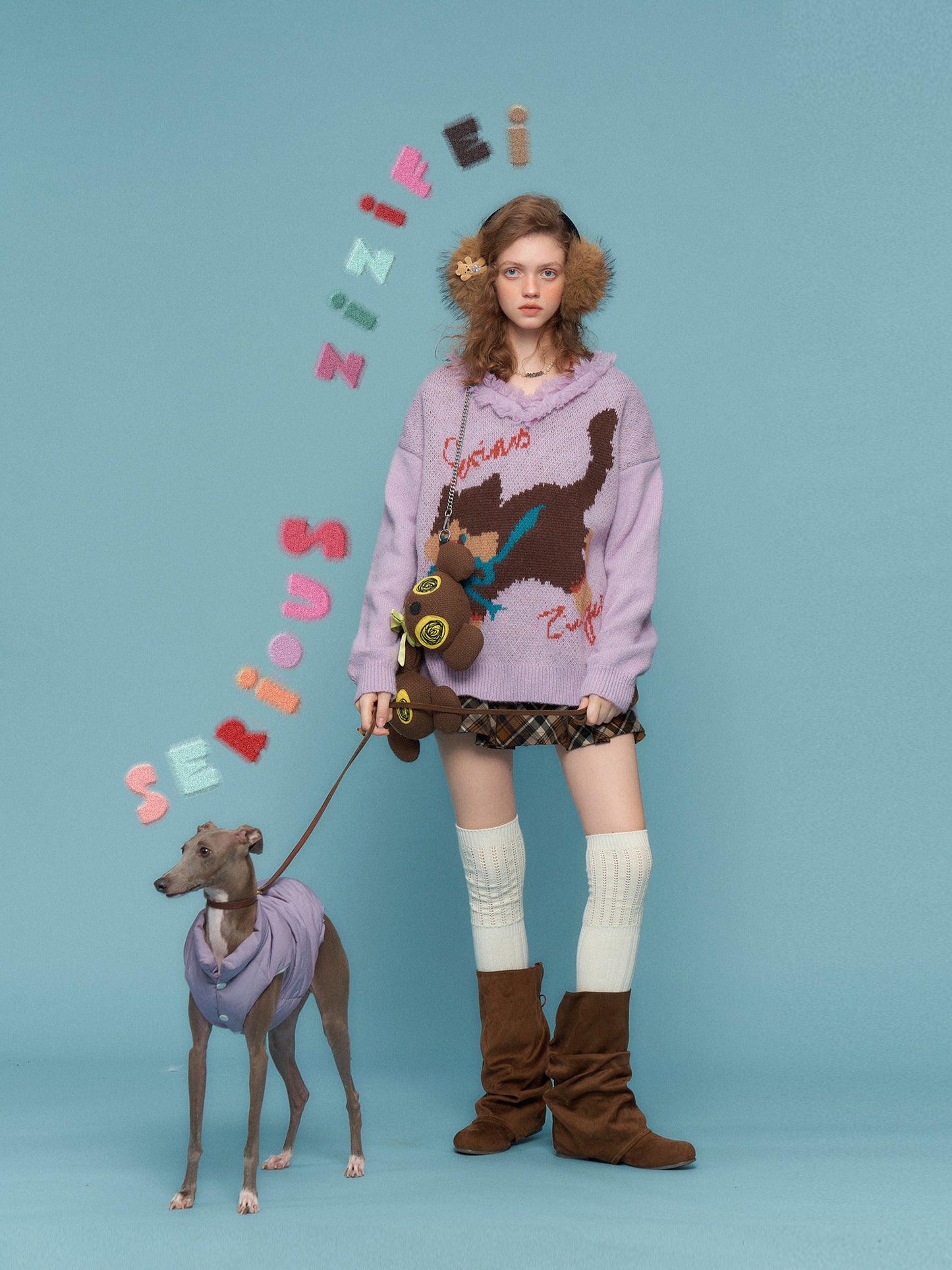 ziziFei Retro Plush Cat-Print Sweater