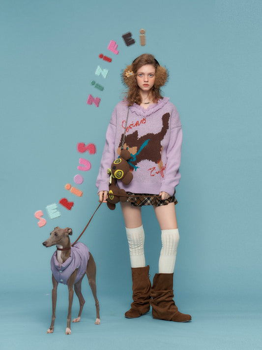 ziziFei Retro Plush Cat-Print Sweater